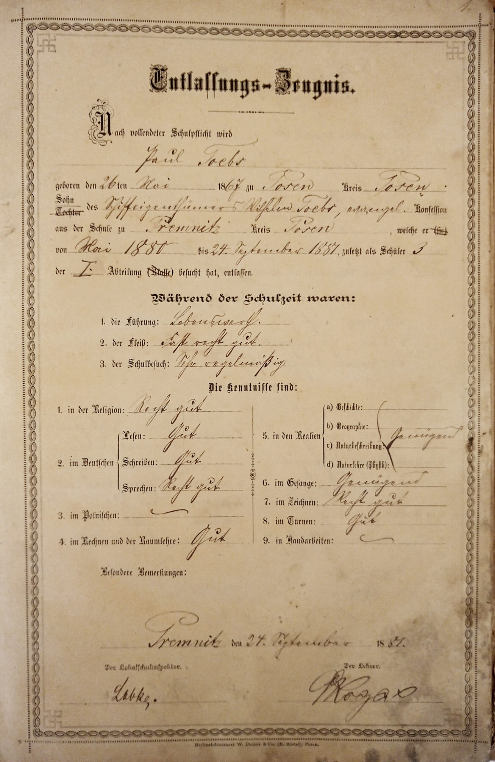 Świadectwo ukończenia szkoły w Promnicach